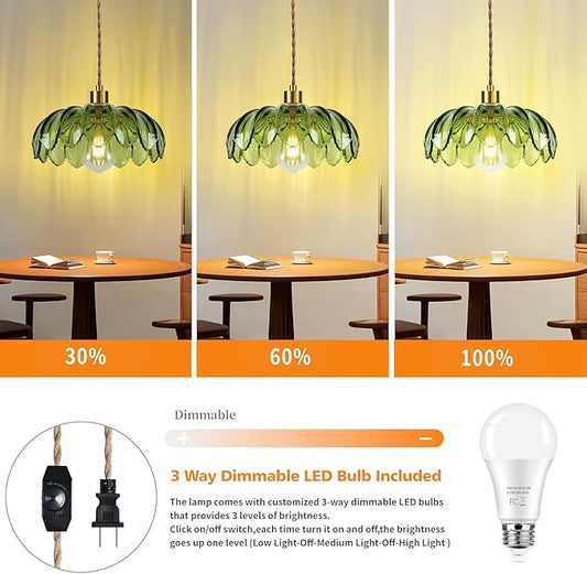 QIYIZM Plug in Pendant Light Hanging Lights with Plug in Cord Boho Hanging Lamp Glass Gold Mid Century Modern Vintage Dimmable Green Flower Plug in Chandelier Ceiling Fixture for Living Room,Kitchen