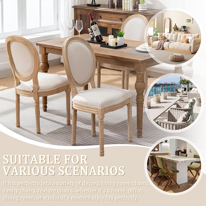 Linen Wooden Dining Chair Set of 4, Upholstered Farmhouse Dining Chair with Solid Wood Frame, Kitchen & Dining Room Chairs for Living Room, Restaurant, Bedroom (Beige-Padded, Set of 4)
