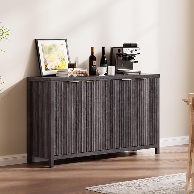 OAKHAM HOME Buffet Cabinet Fluted Sideboard 56" Accent Cabinet with Adjustable Shelves 4 Doors Modern Storage Credenza for Living Room Kitchen Hallway,Black Oak