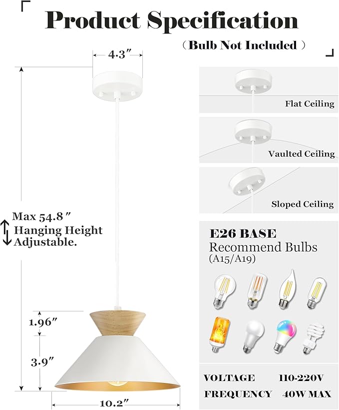 ELYONA 3 Pack Modern Pendant Light Fixtures Solid Wood Ceiling Hanging Lamp Matte White Metal & Gold Inner Finish Nordic Pendant Light for Farmhouse Kitchen Island Dining Room Bedroom Living Room