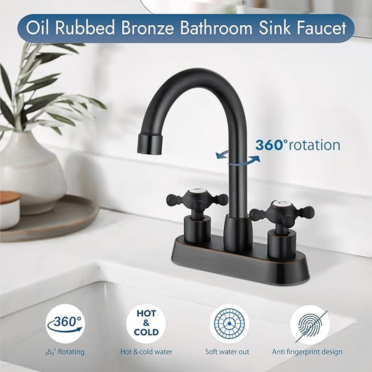4 Inch Centerset Bathroom Faucets Double Cross Handle Bathroom Sink Faucet Deck Mounted Vintage RV Farmhouse Vanity Basin Mixer Tap with Pop up Drain,Oil Rubbed Bronze