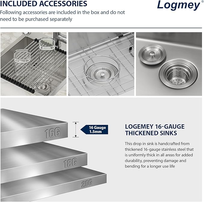 Logmey 18x18 Square Drop in Bar Sink,16 Gauge Stainless Steel Handmade Small Kitchen Sink Single Bowl,RV & Outdoor Compact Bar Prep Sink for Camper,Patio & Small Kitchen 18x18x9