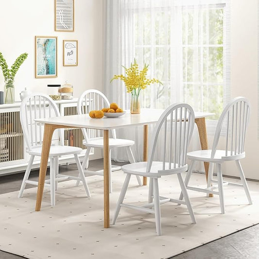 SIMOE Dining Chairs Set of 2, Farmhouse Wooden Kitchen Chairs with Spindle Back, Solid Wood Legs, Windsor Dining Chairs for Kitchen and Dining Room, White