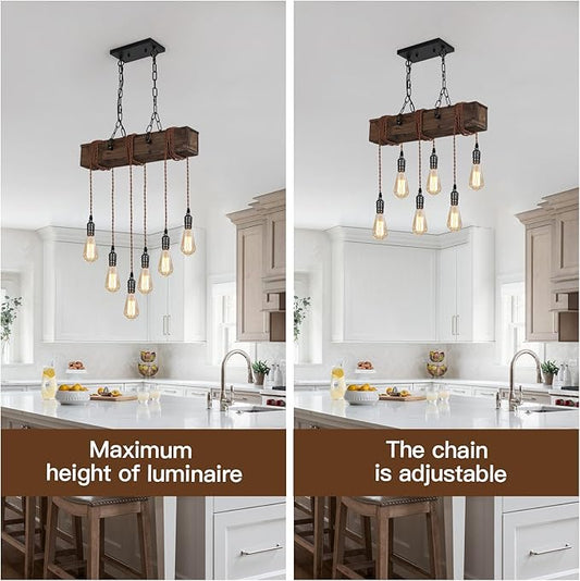 KEESFU 6-Lights Dining Farmhouse Chandelier, Farmhouse Wooden Ceiling Pendant Light, Height Adjustable, Rustic Chandelier for Kitchen Island Dining Room Bar Pool Table Cabin.
