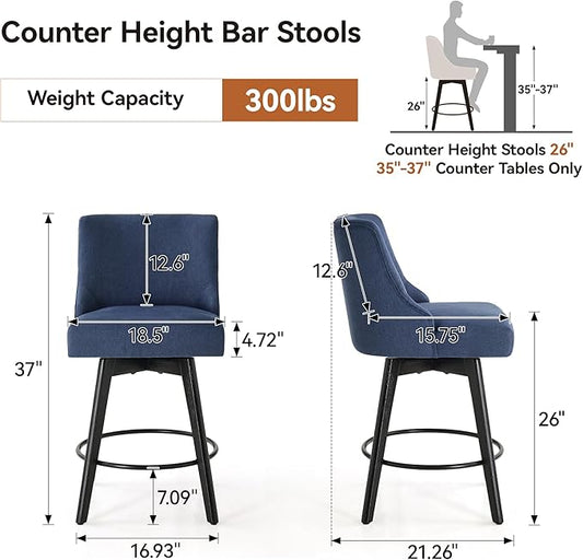 Vipbear Counter Height Bar Stools Set of 3, 26" H Swivel Bar Stools with Backs, Linen Fabric Upholstered Bar Chairs with Solid Wood Legs for Kitchen Island, Dining Room, Home Bar, Deep Blue
