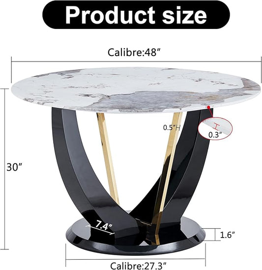JUFU Round Dining Table for 4/6, 48 Inch Faux Marble Look Dining Room Table, Black Kitchen Table with Stable Pedestal, Modern Glass Dining Table for Kitchen,Living Room,Apartment,Restaurant