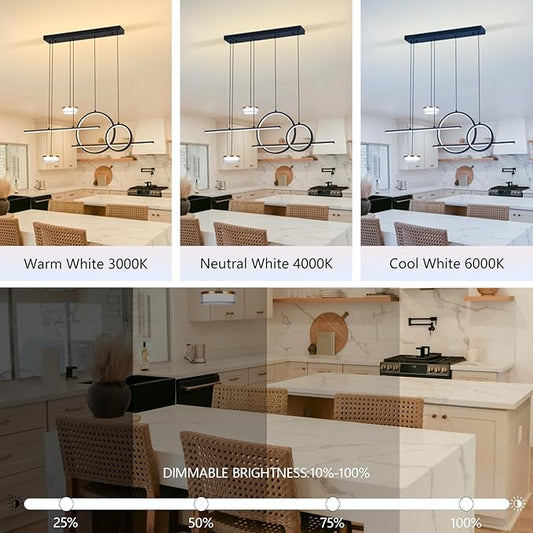 Modern Black LED Dining Room Light Fixture with Remote Control, 38.5" 38W 3-Color Temp Stepless Dimmable Island Pendant Lights, Hanging Adjustable Linear Chandelier for Kitchen Bar