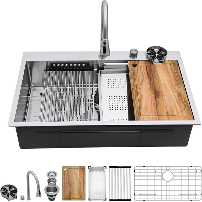 36 Inch Drop-In Single Bowl Kitchen Sink with Faucet, 16 Gauge 304 Stainless Steel Workstation Sink with Waterfall Outlet, Brushed Finish for Decoration or Renovation #TL-FDOE00015