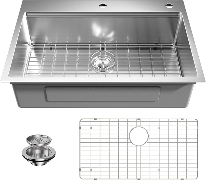 33 Undermount Kitchen Sink Modern - 33x22 Drop-in Kitchen Sinks, 18 Gauge 304 Stainless Steel Workstation Sink, Deep Single Bowl, Dual Mount, Handmade Basin, 9 Inch Deep, Built-In Accessories