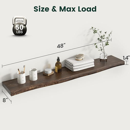 48 Inch Live Edge Floating Shelves, 8 Inch Deep Solid Elm Wood Wall Shelf, Heavy-Duty Wall Mounted Shelf with Invisible Brackets for Living Room, Bathroom, Kitchen, Set of 1, Walnut Color