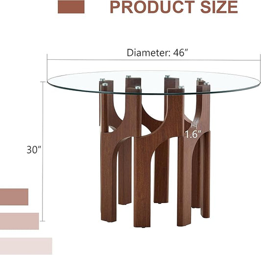 Glass Round Dining Table for 4 6 Person, 46 Inch Glass Kitchen Dining Room Table with Wooden Walnut Pedestal Base,Modern Circle Clear Glass Top Dinner Table for Small Spaces Home/Apartment