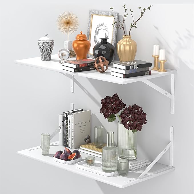 Deep Floating Shelves for Wall Set of 3, 24W x 12 Inch Deep White Floating Shelves, Wide Floating Wall Mounted Shelves for Living Room, Kitchen, Office, Bedroom, Bathroom, Laundry Room