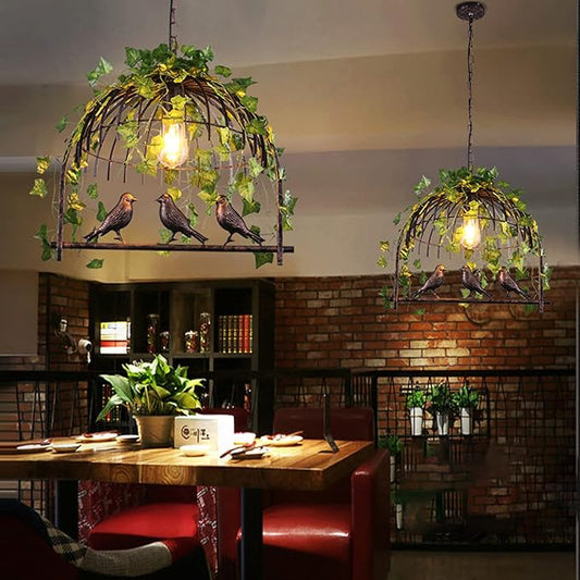 Plant Black Pendant Lighting For Kitchen Island Farmhouse, Black Resin Bird Cage Industrial Pendant Light, Retro Industrial Black Iron Bird Cage Green Plants Black Chandelier Farmhouse Restaurant