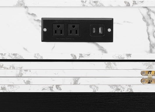 Extendable Kitchen Island on Wheels with Drawers, Power Outlet, Cabinet Storage, Walnut and Creamy White, 43.5 x 37.6 Inch (Black,White Marble)