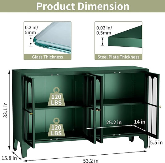 Foreate Green Sideboard Buffet Cabinet with Glass Door & LED Light, 53.2" Large Buffet Cabinet with Storage & Adjustable Shelf, Farmhouse Sideboard Credenzas Metal Kitchen Buffet