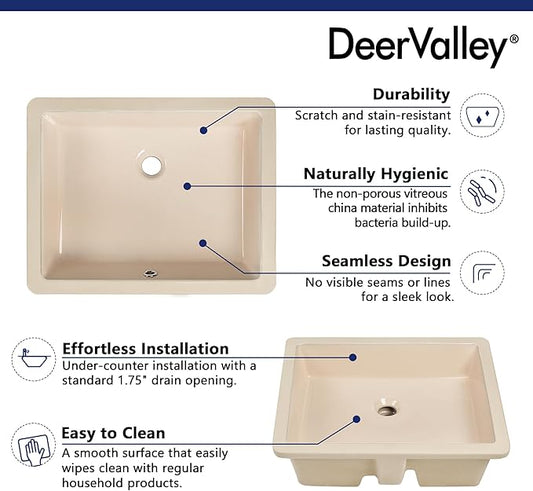 DeerValley Rectangular Undermount Bathroom Sink,19.72"x15.59"x6.54" Modern Vessel Sink Bone Color Undermount Bathroom Sink Rectrangle Porcelain Ceramic Lavatory Vanity Vessel Sink with Overflow