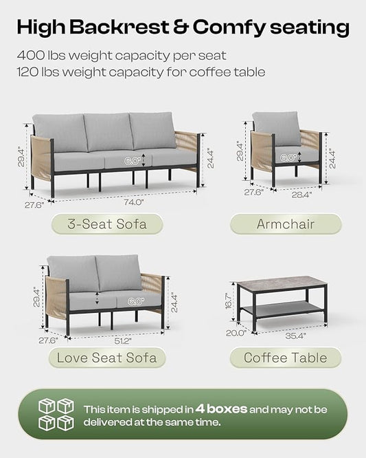 Aluminum Outdoor Patio Couch Loveseat, HDPE Rope Patio Sofa with Washable Thick Cushion, All-Weather Patio Furniture for Balcony, Yard, Gray Frame, Gray
