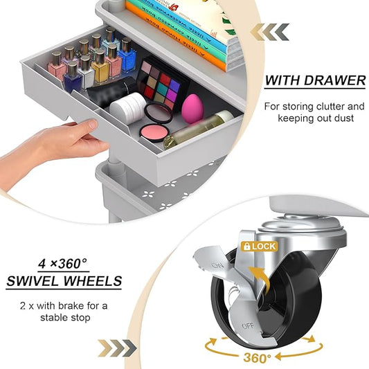 Goovilla 3 Tier Rolling Utility Cart Organizer with Removable Drawer, Stable and Sturdy Grey Rolling Storage Carts with 2 Lockable Wheels for Bathroom, Kitchen, Snack, Craft, Makeup, Baby Essentials