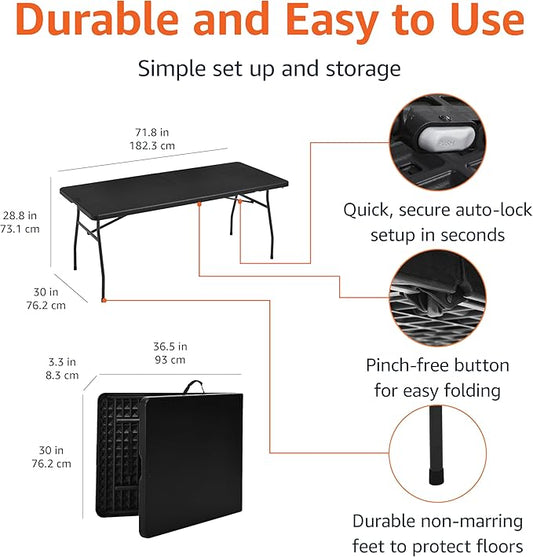 Amazon Basics Heavy Duty Portable Folding Table, 6 ft, Indoor & Outdoor, Fold-in-Half Design with Carrying Handle, for Events, Easy Folding and Storage, Black | Portable, Heavy Duty, Indoor & Outdoor, with Carrying Handle