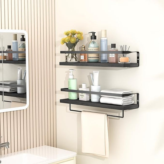 Bathroom Shelves with Towel Bar,Floating Shelves for Bathroom, Kitchen, Bedroom, Paulownia Wood, Matte Black Metal Frame - Set of 2 (Black)