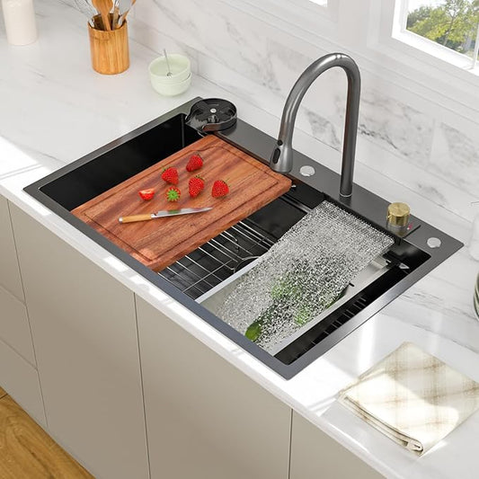 33 Inch Black Waterfall Kitchen Sink - Beslend 33x22 Drop In Waterfall Sink Nano Black Workstation Smart Sinks 16 Gauge Stainless Steel Single Bowl Dish Basin with Faucet Combo