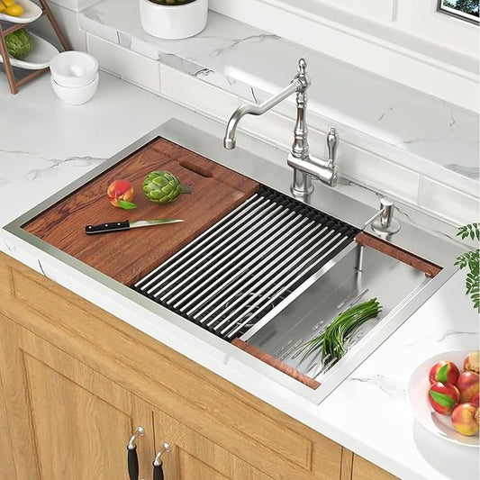 Mocoloo 30 x 22 Inch Drop In Kitchen Sink - 30 Inch Topmount Kitchen Sinks Stainless Steel 16 Gauge Single Bowl Above Counter Handmade Workstation Sink, 10'' Deep Basin Modern