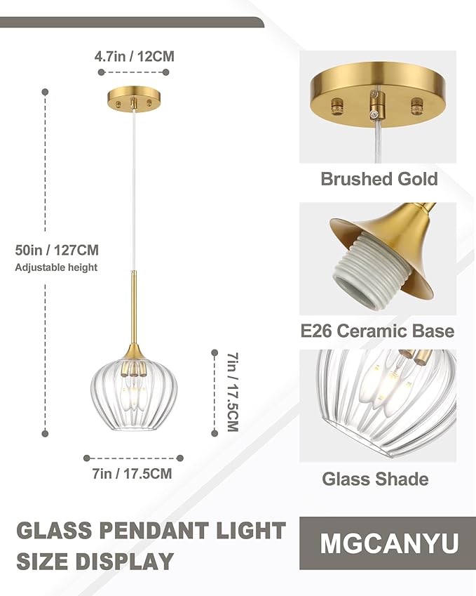 2-Pack Glass Pendant Lights Kitchen Island, 7" Modern Gold Pendant Lighting Adjustable Hanging Light Fixtures for Kitchen, Dining Room, Bathroom, Bedroom