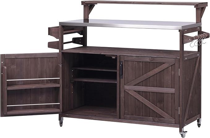 YOPTO 53.3" Outdoor Kitchen Island with Raised Shelf,Solid Wood Grill Cart,Stainless Steel Top,Adjustable Shelf,Spice Rack,Lockable Wheels,Brown