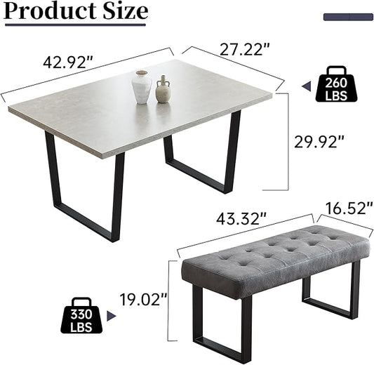HIPIHOM 3 Piece Dining Table Set with Bench, 42.9 Inch Modern Kitchen Table with Left Seat Corner and 43.3 Inch Bench for Family Dining Room Furniture
