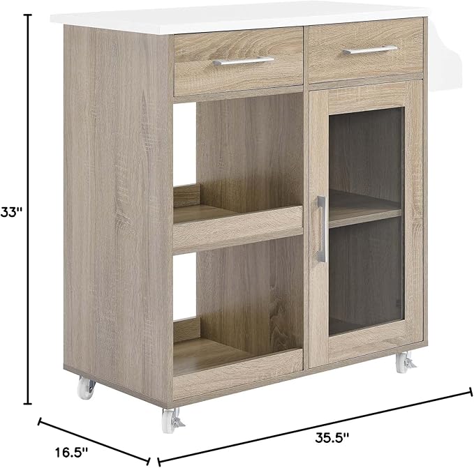 Modway Culinary Rolling Kitchen Cart with Storage in Oak White - 3 Tiers Kitchen Island on Wheels with Spice Rack, Functional as a Coffee Station, Bar Cabinet or Butcher Block Island