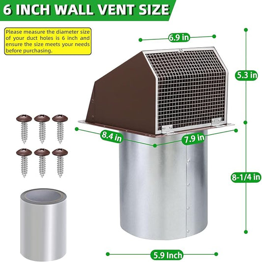 6 Inch Hooded Wall Vent with Screen and Damper,6" Vent Hood Wall Exhaust Vent Cover,Dryer Vent Cover Outside,6"Vent Cover Exterior Wall Vent Cap for Range Hood Kitchen Air Ventilation,Galvanized Steel