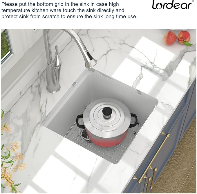 Lordear 18 Inch Granite Composite Bar Sink - 18"x18" Undermount Kitchen Sinks White Single Bowl Under Counter Ledge Workstation Bar Prep RV Sink Basin