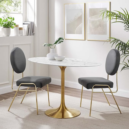 Modway Lippa 48" Oval-Shaped Mid-Century Modern Dining Table with Artificial Marble Top and Gold Base