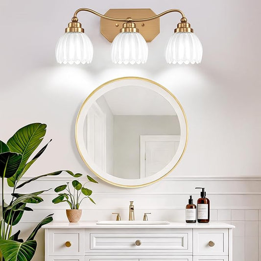 Vintage Bathroom Light Fixtures, Gold Bathroom Vanity Light, Matte Antique Brass Finish with Crystal Glass Shade, Wall Sconces Lighting for Bedroom, Living Room, Hallway (Milk White, 3-Light