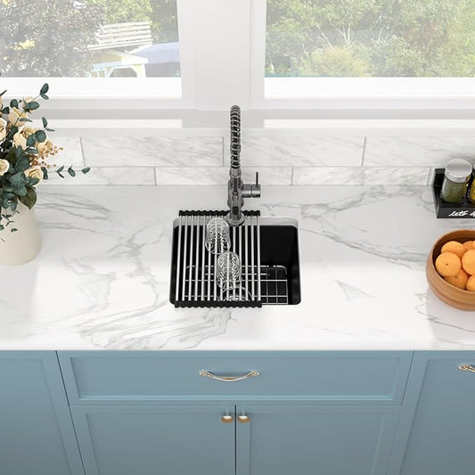 Sarlai 18 Black Kitchen Sink Granite Composite - 18 x 16 inch Bar Prep Sink Black Granite Composite Quartz Undermount Single Bowl Rectangular RV Camper Sinks Basin