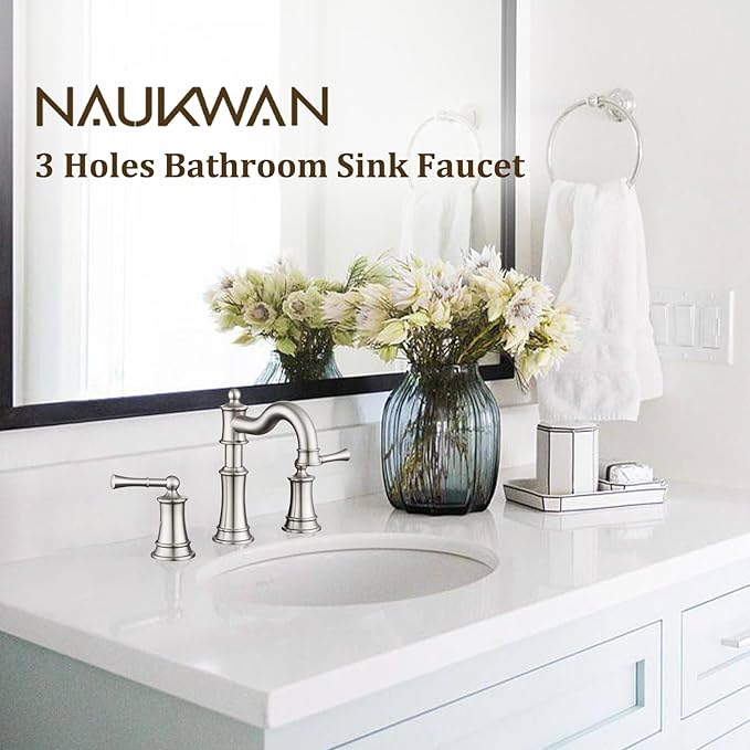 Roman Bathroom-Sink-Faucet 3 Holes, Rotated Spout Vanity Basin Faucets 2 Handles 8 inches Widespread Deck Mount Brass Faucet for Sink with Overflow Pop Up Drain Brushed Nickel NL2204-BN