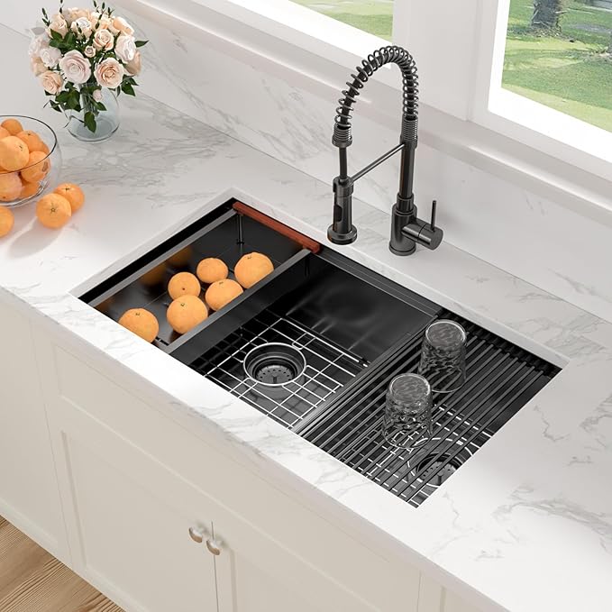 Sarlai 33 Inch Black Undermount Kitchen Sink Double Bowl 33 x 19 Inch Low Divided Gunmetal Black Workstation Double Kitchen Sink Stainless Steel 16 Gauge 60/40 Sinks Basin