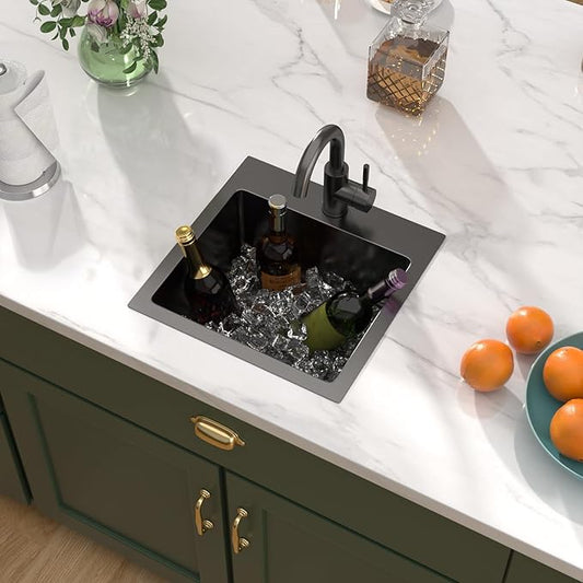 15x15 Inch Black Drop In Bar Sink with Faucet, 16 Gauge 304 Stainless Steel Single Bowl Wet Prep Sink for Kitchen Bar, RV, Outdoor, and Boat, Gunmetal Black #TLT-0017
