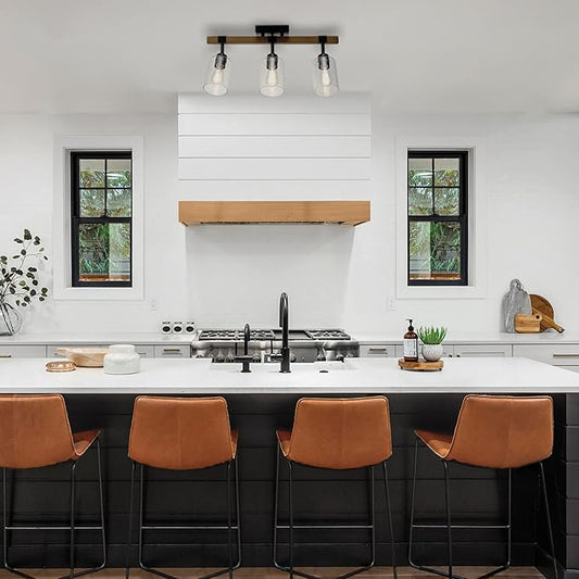 Globe Electric 57502 3-Light Track Lighting, Wood Toned, Matte Black Accents, Clear Glass Shades, Pivoting Heads, Modern Farmhouse, Ceiling Light for Kitchen Island and Dining Room Table