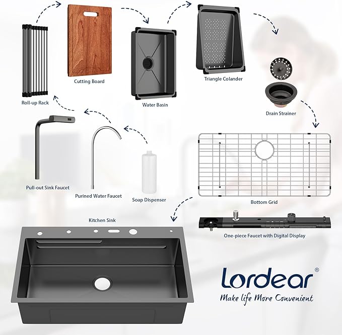 Lordear Drop In Kitchen Sink, 33 inch Black Waterfall Sink 16 Gauge Stainless Steel, Above Counter Smart Kitchen Sinks, Single Bowl with Integrated Control for Powerful Cleaning