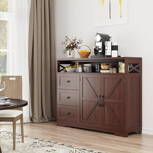 Befrases Dark Brown Farmhouse Storage Cabinet with Doors & Drawers, Sideboard Buffet Cabinet with Storage, Kitchen Pantry Hutch, Coffee Bar Station Table for Kitchen, Livingroom, Dining Room