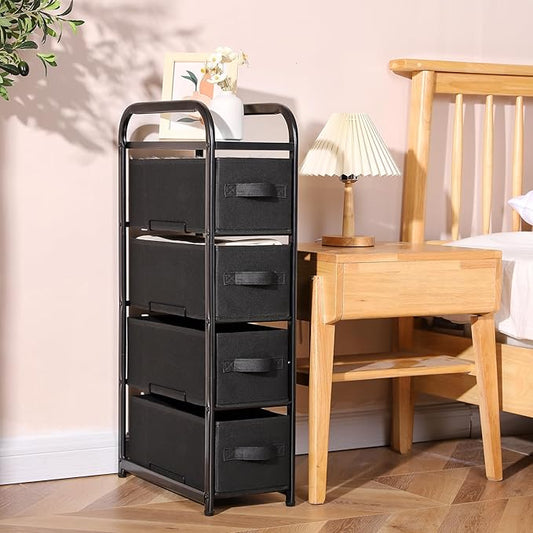MAX Houser 4 Drawer Narrow Dresser Fabric Storage Tower Vertical Slim Storage Chest Organizer Nightstand Side/End Table Small Standing Organizer Removable Drawers Wood Top for Bedroom, Bathroom(Black)