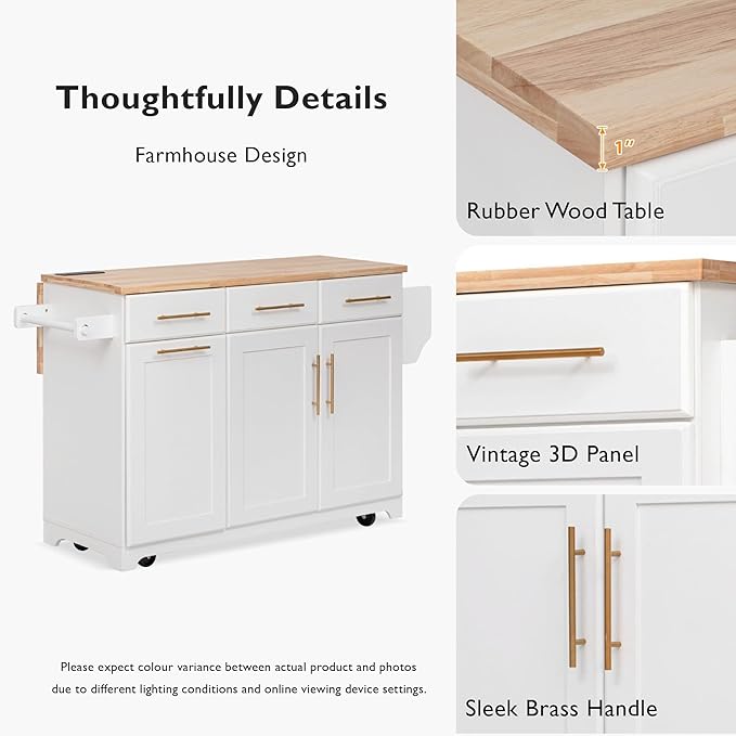 JIJIWANG 59.3" Kitchen Island with Storage 2 Pull Out Cabinet Organizers & Rubber Wood Drop Leaf, Rolling Island with Trash Can Storage, Power Outlet, Spice & Towel Rack for Kitchen, Dining, White