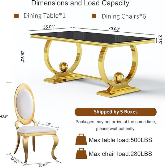 7-Piece Modern Luxury Dining Table Set, 70" Black Tempered Glass Kitchen Table with Gold Polished Stainless Steel U-Shaped Pedestal Base and 6 White Oval High-Back PU Leather Chairs for Dining Room
