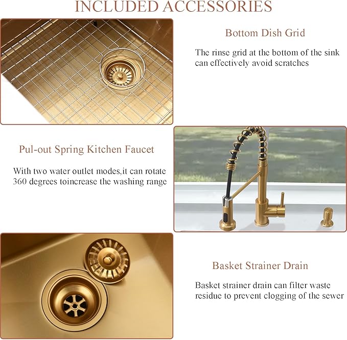 Undermount Gold Laundry Sink-Bokaiya 24"x18"x12" Gold Stainless Steel Laundry Room Sink Outdoor Utility 16 Gauge Single Bowl Kitchen Sink with Faucet Combo
