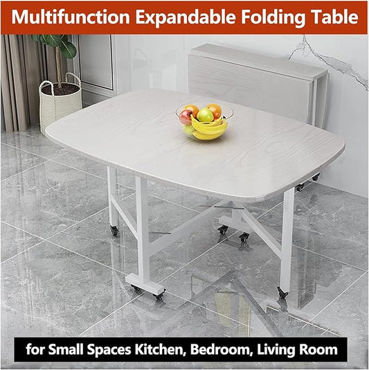 Folding Dining Table, Moveable Kitchen Desk with Wheels, Foldable Dining Table, Space Saving Desk, for Restaurant Room, Kitchen, Living Room, Rustic White, 47.2×31.5×29.5in, for 4-8 People