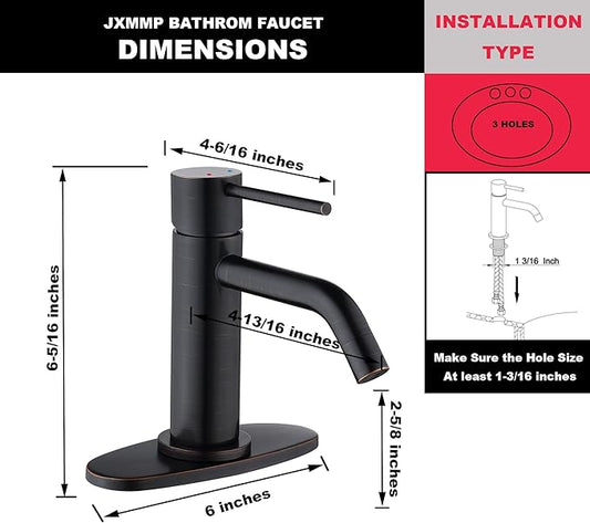 Oil Rubbed Bronze Bathroom Faucets Single Hole with 6 inch Deck Plate, JXMMP 1 Handle Rubbed Bronze Faucet for Bathroom Sink with Pop Up Drain and Water Faucet Supply Lines
