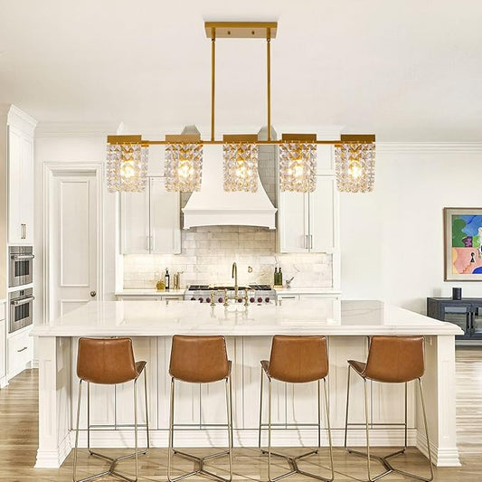 36" Gold Chandelier, 5-Light Crystal Chandeliers for Dining Room, Modern Dining Room Light Fixture, Farmhouse Kitchen Island Lighting, Vintage Hanging Pendant Lights, Dining Chandelier Over Table