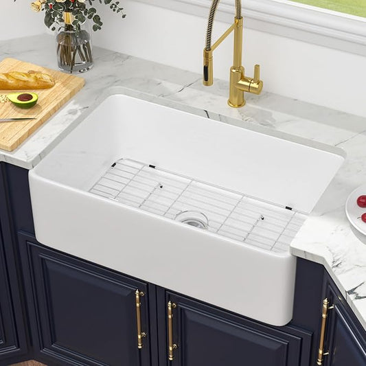 White Farmhouse Sink 33 Inch - Kichae Farm Sink 33x20 Inch Flat White Apron Front Ceramic Porcelain Fireclay Single Bowl Farmer Basin