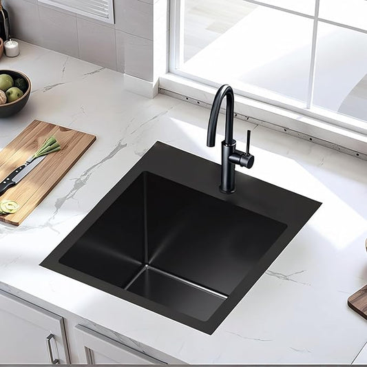 13x15 Inch Black Bar Sink Drop In Kitchen Sink, Topmount Stainless Steel Square Small Sinks, Single Bowl Kitchen Sinks for Laundry Wet Bar Prep RV Office Outdoor Yard with Grid & Drain